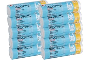 SUNMONDO 150 sztuk worków na śmieci Premiumline: 50 litrów, 10 sztuk, wymiary: 60 x 70 cm, wyjątkowo odporne na rozerwanie i wodoszczelne, z uchwytem do noszenia/uchwytem