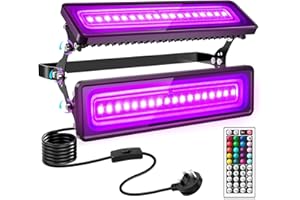 Viugreum 120W Led RGB+UV Blacklight, Color Changing Flood light with Remote Control 1.5M Cable with Plug and Switch, IP65 Waterproof Ultraviolet Flood Lighting for Disco Aquarium Halloween Deco
