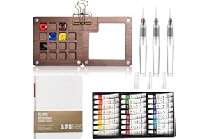 SIYRDXCBT Set Mini Acuarelas Mini Set Acuarela Acuarelas Portatiles 1 Cuaderno de Bocetos, 3 Bolígrafo Acuarelable, 24 Pequeñas, 1 Clip Metálico,Paleta de Acuarela Portátil para Oleos y Bocetos Paleta Viaje
