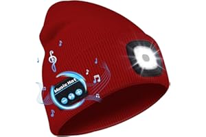 Deilin Bonnet Bluetooth avec LED Lampe pour Hommes Femmes, Bonnet avec lumière 4 LED Lampe USB Rechargeable Chapeau Bluetooth 5.0 avec écouteurs Stéréo sans Fil, Cadeau Noël Anniversaire, Rouge