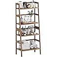 HITNET Ladder Bookcase, 4-Tier Leaning Bookshelf, Bamboo Open Display Storage Rack Shelves, Flower Plant Stand, Space Saving Small Book Shelf, Walnut