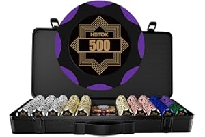 HEITOK Pokerkoffer Pokerset mit 500 Clay Spielchips,（Nennwerten） 14g, inkl. 2 Wasserdichten Spielkarten, 5 Würfeln & Dealer-Button, Stabiler Polycarbonat-Koffer – Texas Hold'em, Blackjack