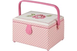 Sewing Online Medium Sewing Box,Pink Fabric with an Embroidered Floral Lid | 26 x 18 x 15cm | Storage & Organiser Basket with Compartments for Sewing Supplies/Accessories - GA1114M