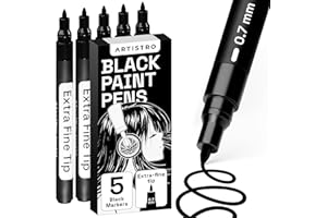 Artistro Feutres Noirs Pour Peinture sur Roche, Pierre, Céramique, Verre, Bois, Pneu, Tissu, Métal, Toile. Set de 5 Marqueurs Noirs à Base d'Eau Pour Peinture Acrylique, Pointe Extra Fine