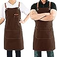Chef Apron for Men Women with Pockets | Adjustable Cross-Back Work Apron | Canvas Kitchen Cooking BBQ Apron | Barista Bartender Barber Professional Apron | Art Craft Gardening Florist Aprons - Brown