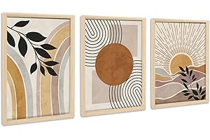 HALFLEMART 3Pcs Marco de Madera Cuadro Moderno Boho Medio Siglo Moderno Cuadros Decoracion Salon Naturaleza Plantas Desierto Sol Pintura Cuadros Decorativos Salon Dormitorios Baño 30cmx40cmx3 (Sin Plexiglás)