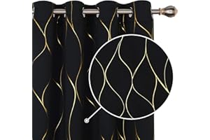 Deconovo Blackout Curtains, Gold Wave Foil Printed Curtains, Thermal Insulated Eyelet Curtains for Bedroom, 46 x 72 Inch (Width x Length), Black, One Pair