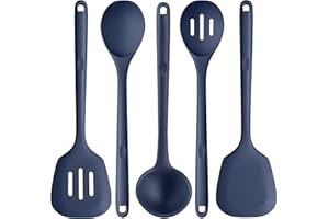U-Taste Ustensiles de cuisine en silicone extra longs: spatules de cuisson résistantes à la chaleur de 315 ℃, cuillères de service pour mélanger friture remuer l'égouttage (5 pièces, Bleu Nuit)
