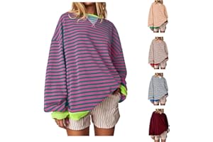 EXHLOAG Women Oversized Striped Color Block Long Sleeve Crew Neck Sweatshirt Red and White Striped T Shirt Casual Loose Pullover Y2k Shirt Top Long Sleeve Tops Women's Sweatshirts Sales Ladies Sweatshirts