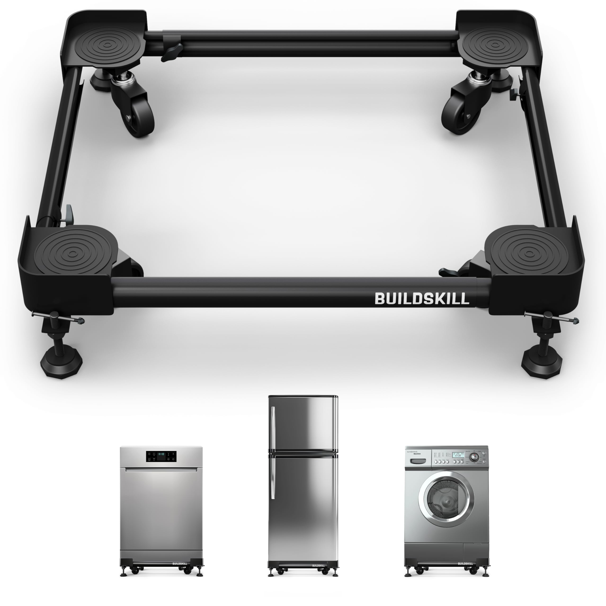 Buildskill Washing Machine Stand/Trolley, Fridge Stand, Dishwasher Stand, Top & Front Load Washing Machine Stand, Supports upto 160KG, Reduces Vibration, Adjustable Mechanism with Locks (Black)