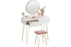 EUGAD toaletka z taboretem i lustrem, obracane o 360°, lustro do makijażu, toaletka z 2 szufladami, wyściełany aksamitny taboret, szuflada z efektem 3D, kolor biały i złoty