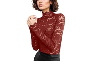 GENERISCH Haut en dentelle florale pour femme - Manches longues - Col montant - En maille - Sous-vêtements - Chemisier sexy et fin - Haut de loisirs - Noir