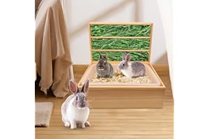 JoliJour Mangiatoia Fieno 2 in 1 per Conigli e Porcellini d'India, Alimentatore per Fieno e Lettiera in Legno e Plastica, 43 x 13.5 x 31.5 cm