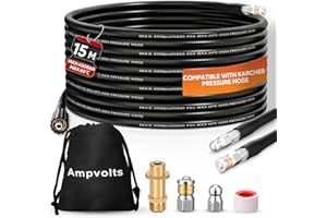 Ampvolts Manguera de limpieza de tuberías de 15 m con adaptador de latón – 400 Bar/5800 PSI, compatible con limpiadoras a presión Karcher K2 K3 K4 K5 K6 K7, para desatascar desagües