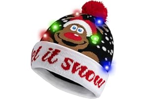 HOTUVEP Light Up Christmas Hat, Glow In The Dark Christmas Cap with Replaceable Battery, Unisex LED Santa Hats with 6 Colorful Lights, Xmas Beanie Knitted Hat Christmas Party Cap for Kids Adults