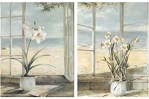 Dcine Cuadros motivo floral sobre madera - Azul Paisaje/Costa/Playa Set de 2 Unidades de 19 cm x 25 cm x 4 mm unid. Adhesivo FÁCIL COLGADO. Adorno decorativo