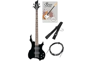Rocktile Pro BB104-B BattleBone Set de Bajo Eléctrico - Bajo en Diseño Heavy con 2 Pastillas y 2 Controles de Tono - Incluye Correa para Guitarra, Cable y Escuela de Bajo - Negro