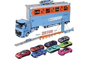 LioMaxi Camion Giocattolo per bambini, 201cm Pista da Trasporto Pieghevole Auto Eiettabile e 8 Auto da Corsa in Metallo, camion Porta Macchinine con Luci e Suoni, Regali per Bambini di 3 4 5 6+ Anni