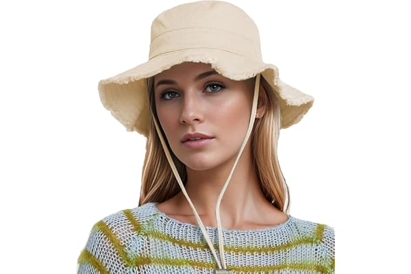 YAMEE Chapeau de Seau Femme Pliable Coton,Chapeau de Pêche Homme Anti UV Plage,Casquette Bucket Hat avec Sangle de Menton Réglable,Chapeau de Soleil Large Bord Extérieur,pour Voyage Jardinier Camping