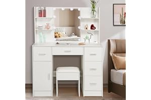 Umeiga Large White Vanity Table with Mirror and Lights, Makeup Dressing Table with 5 Drawers and Cushioned Stool Set, 3 Color Modes Available for Bedroom