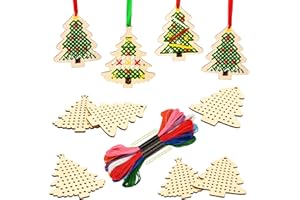 Gukasxi 10 Stück Weihnachten hölzerne Lesezeichen Kreuzstich Kits, hölzerne Weihnachtsbaum Kreuzstich Set, Kinder Anfänger DIY Weihnachten Kunsthandwerk, Weihnachtsbaum Ornamente