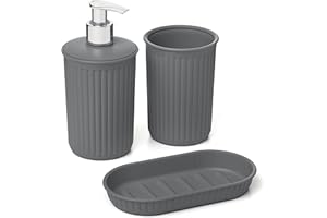 Tatay Set de 3pcs Sobremesa de Baño (Vaso + Dosificador + Jabonera) Baobab, de Plástico, Libre de BPA, Gris Antracita, 6391014