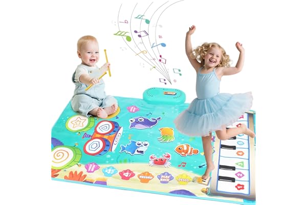 kidmance Jouet Bebe 1 an, Tapis Musical Bébé avec 6 Animaux Marins - Piano et Tambour 2 en 1, Jouet Éducatif pour Enfants de 1 à 3 Ans, Cadeau Parfait pour Noël et Anniversaire