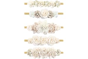 Cinaci 5 Pieces Super Stretchy Soft Baby Girl Nylon Flower Headbands Baptism Christening Floral Tiaras Crowns Hairbands Hair Accessories for Newborns Infants Toddlers Girls Kids