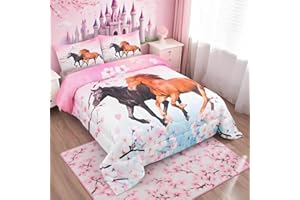 Loussiesd Set di biancheria da letto per bambini Chic Cherry Blossom Biancheria da letto Trapunta galoppo cavallo stampato trapunta 3D animale selvaggio set Trapunta camera da letto