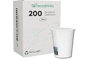 ecodrinks - 200 Bicchieri Carta Bianco da 210ml - Per Acqua, Cocktail, Bevande Calde e Fredde - Biodegradabili, Eco-friendly e Made in Italy