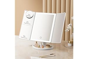 Warmiehomy Vanity Mirror with Light Strip, 2X/3X/10X Magnifying Makeup Mirror, Folding Mirror Dimmable with Touch Screen, 180° Rotation Portable USB Rechargeable with Dual Power Supply for Travel