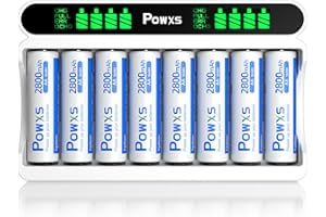 POWXS Batterie Ladegerät mit AA Akku 2800mAh 8 Stück, 8-Ladeplatz Akku Ladegerät mit LCD Anzeige, 8 Wiederaufladbare Akku AA, Schnell Akkuladegerät für NI-MH NI-CD AA/AAA Akkus USB & Typ-C Eingang