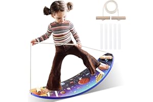 LGMCF Wooden Wobble Balance Board for Kids, 27 Inch Toddler Sensory Balance Board, Open Ended Montessori Learning Toy, Space Rocker Board Kids with Auxiliary Rope for Balance, Yoga, Exercise