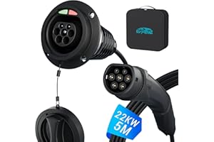 EVPEIWE 22KW/32A Cable de Extensión para Carga de Coche Eléctrico Tipo 2 | Trifásico | 5M | Tipo 2 Hembra a Tipo 2 Macho Cable de Extensión para BEV y PHEV, IP54 con Bolsa de Transporte