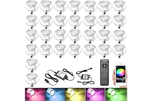 GEYUEYA Home Led Decking Lights RGB Waterproof IP67 Multicolor Ø30MM 12V APP Function LED Deck Lights with Remote Control for Terrace/Patio/Path -30 Packs