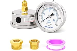 MEANLIN MEASURE 0-300Psi/0-20BAR Liquid Filled Pressure Gauge,Stainless Steel 1/4" BSP 2.5" FACE DIAL,WOG Water Oil Air Back Mount, with 1/4" x 1/2" BSP and 1/4" x 3/8" BSP Hex Bushing