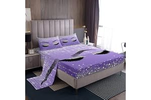 EROSEBRIDAL Eyelash Bed Sheets Full,Stylish Purple Sparkles Sheet Set for Teens Girls Adult,Eyelash Aesthetic Bedding Set,(No Glitter No Sequin)Makeup Eyelash Fitted Sheet + Top Sheet + 2 Pillow Shams