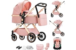 Shineey Kinderwagen 3 in 1, Alltags Buggy Faltbarer Kinderwagen Set, Kombikinderwagen 3 in 1 mit Großer Bequemer Babywanne, Laufwagen Rahmen Aluminiumlegierun (U9-X//PINK, U9-X)
