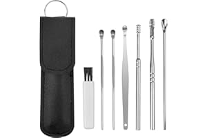 NAAPESI 6Pcs Cure-Oreilles, Cérumen Curette d’Argent, Cuillère à Oreille en Acier Inoxydable, Ear Pick, Cure-Oreilles Nettoyeur avec un Etui en Cuir Noir pour Adultes Enfants