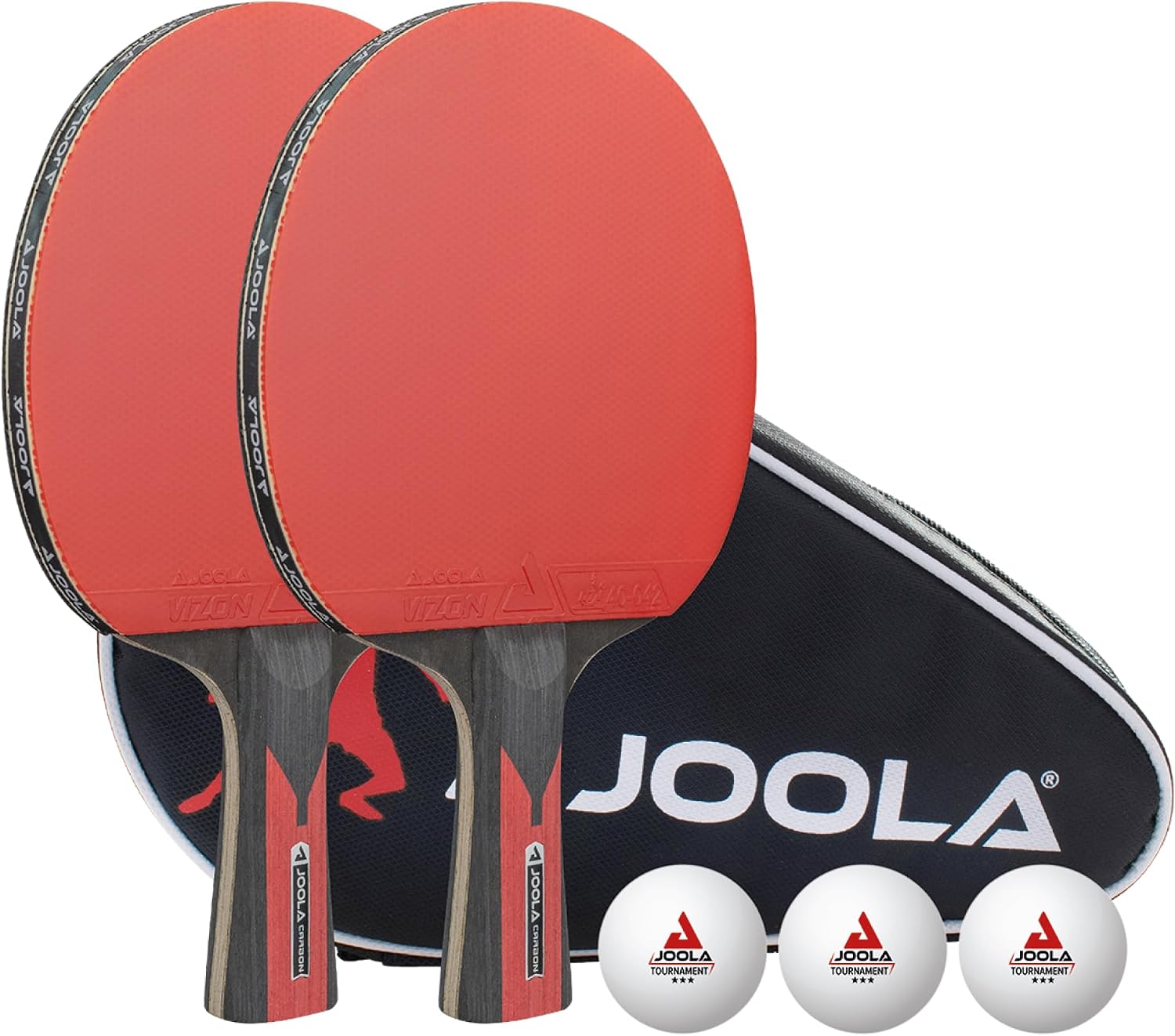 JOOLA Tischtennis Set Duo Carbon 2 Tischtennisschläger + 3 Tischtennisbälle + Tischtennishülle, Rot/Schwarz, 6-Teilig