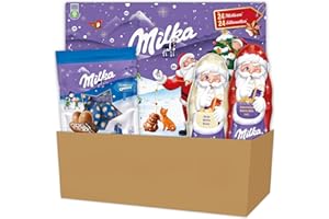 Milka - Chocolat Noel - 2 Pères Noël Chocolat Blanc et Lait Noisettes, 1 Calendrier de l'Avent, 1 Bonbons Oreo (465g)