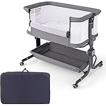 COSTWAY 3-in-1 bijzetbed, reisbed voor baby met matras, babybed 6-voudig in hoogte verstelbaar met opbergmand & draagtas, draagbare wieg met wielen voor baby tot 6 maanden (Beige