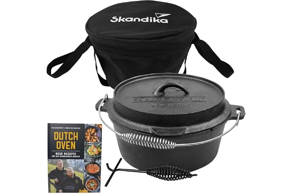 Skandika Dutch Oven Flame Master 5,1-13,8 L | Faitout Marmite en fonte avec couvercle, avec/sans pieds, lève-couvercle et sac | Four hollandais, barbecue, camping (13,8 litres, Sans pieds)