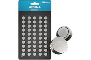 ABSINA AG13 LR44 Knopfzelle 50er Pack - 1,5V Alkaline Knopfzellen auslaufsicher & mit Langer Haltbarkeit - LR1154 / L1154 / L1154F / G13 / G13A / 13GA / 157 / V13GA / PX76A / RW82 - Knopfbatterien