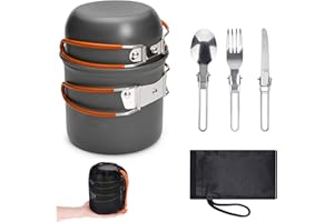 ERBO Zestaw naczyń kempingowych, garnek kempingowy z aluminium, naczynia do gotowania na świeżym powietrzu ze składanymi sztućcami, naczynia kempingowe dla 2 osób, naczynia kempingowe na wędrówki,
