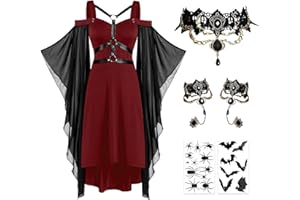 Harsever Robe Medievale Femme, Deguisement Halloween Femme, Deguisement Vampire Femme avec Collier Bracelets Autocollants Style Punk Gothique Robe Halloween Femme pour Halloween Carnaval