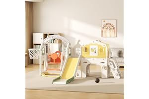 VUECER Tobogán para Niños Pequeños con Escalera: Zona de Juegos Interior y Exterior con Caja de Almacenamiento Túnel Escalera Aro de Baloncesto y Zona de Paso Tobogán de Jardín (SDW-K-Green Yellow)