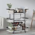 DAWNYIELD 3-Tier Bar Serving Cart, Mobile Wine Cart on Wheels with Wine Racks and Glass Holder, Rolling Kitchen Storage Trolley with Marble pattern plate for Kitchen Living Room Party Home Bar(Black)