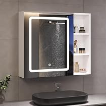DICTAC Armadietto a specchio con illuminazione a LED, 70 x 16 x 60 cm, con ripiano regolabile e spazio aperto, armadio da bagno con specchio, pensile, specchio da bagno, bianco