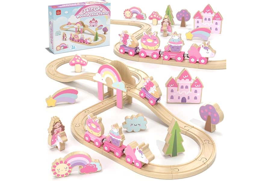 Lehoo Castle Unicorn Gifts for Girls, Wooden Train Set Toddler Toys for 3 4 5 6 Year Old Gifts, Christmas Train Track Girls Unicorn Toys for Kids Age 3-6